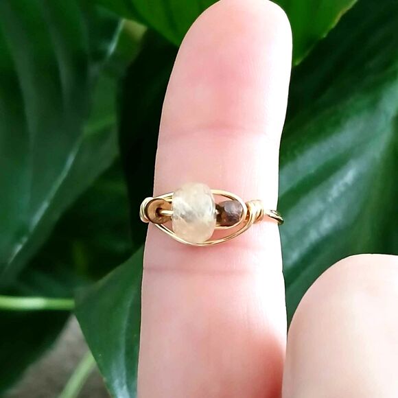 Boho Chic Faceted Glass & Wood Wire Wrapped Ring, Gold Size 7 Beaded Statement - Picture 2 of 2